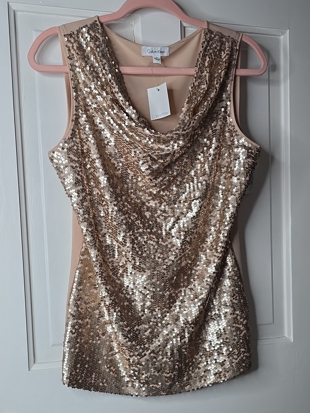 Calvin Klein Rose Gold Sequin Strapless Look Cowl Neck Dress
